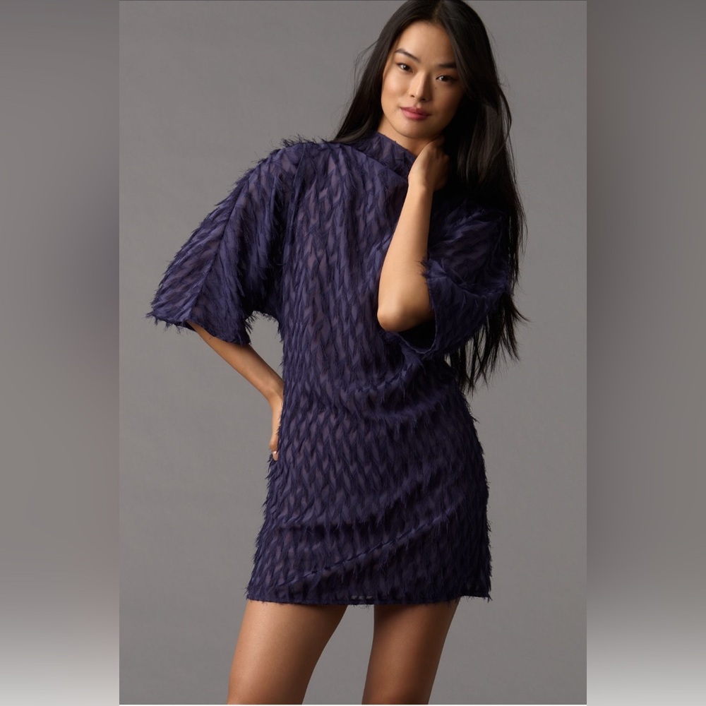Anthropology Short Sleeve Fringe Mini Dress - NAVY - Size XS